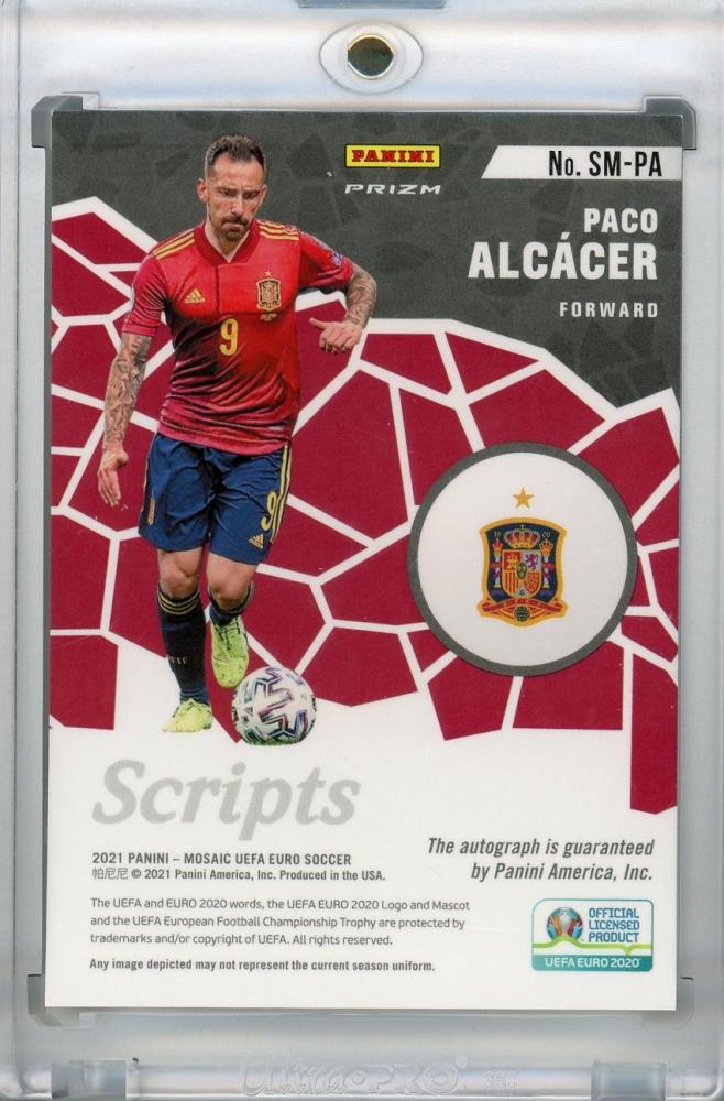 2021 Panini Mosaic UEFA Euro 2020 trading card of Spain's Paco Alcacer with back stain evident