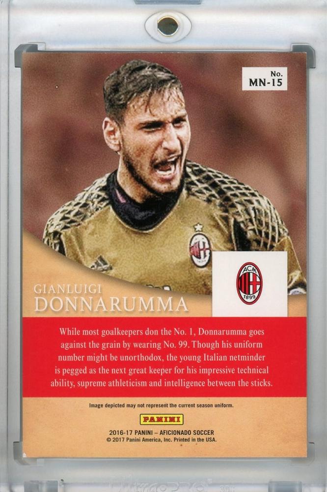 2017 Panini Aficionado trading card featuring AC Milan goalkeeper Gianluigi Donnarumma Magic Numbers