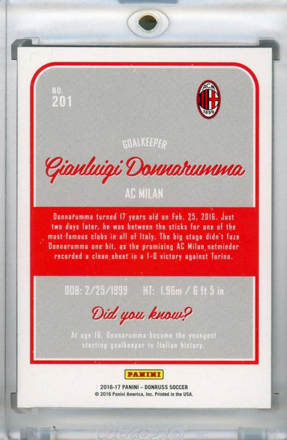 2016-17 Donruss AC Milan Gianluigi Donnarumma Base Donruss Debuts Gold parallel trading card