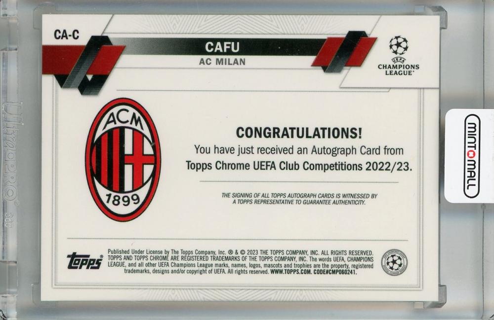 2022-23 Topps Chrome UEFA Club Competitions Cafu Chrome Autographs #CA-C *minor stain on back AC Milan
