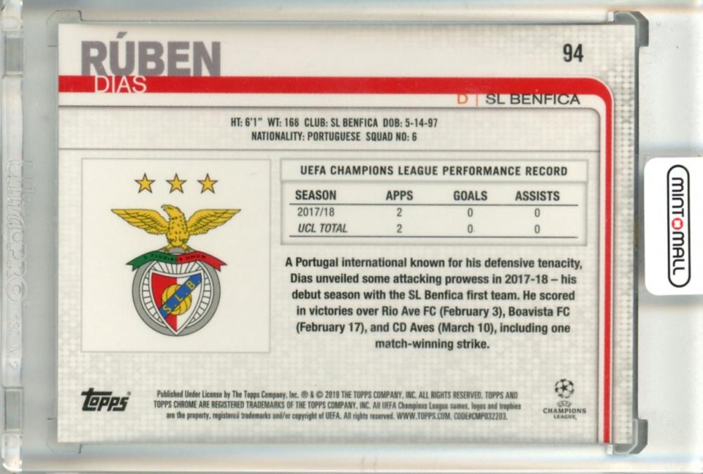2018-19 Topps Chrome UEFA Champions League Rubin Dias #94 SL Benfica