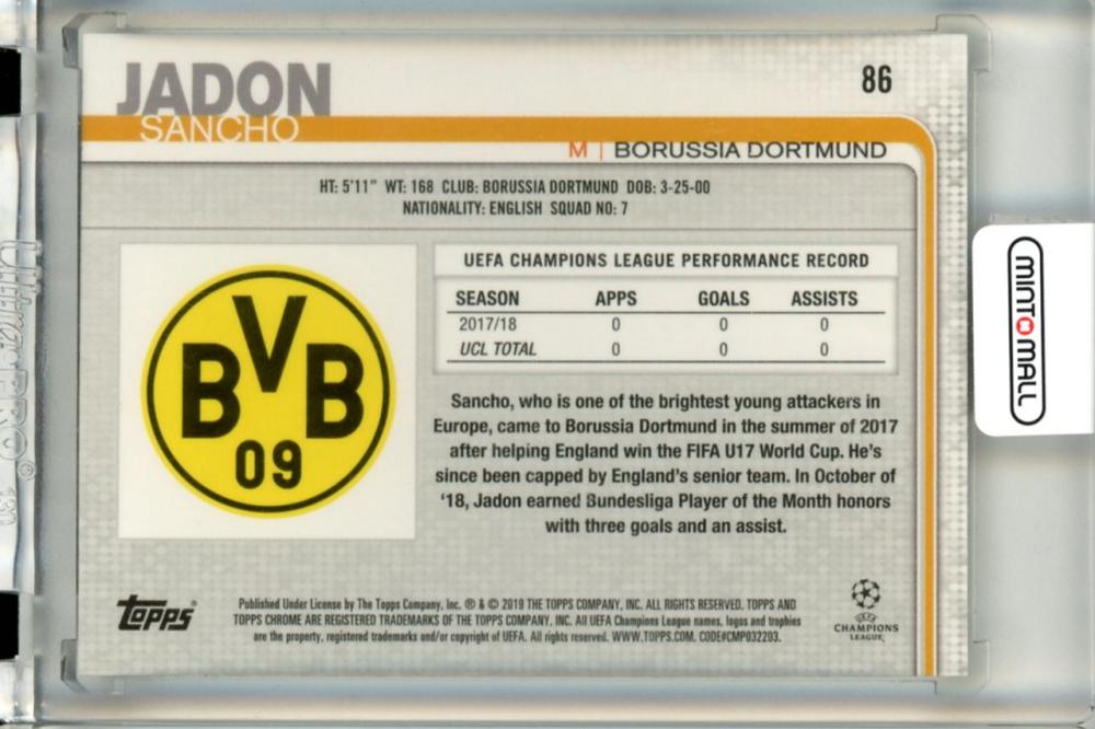 2018-19 Topps Chrome UEFA Champions League Jadon Sancho #86 Borussia Dortmund