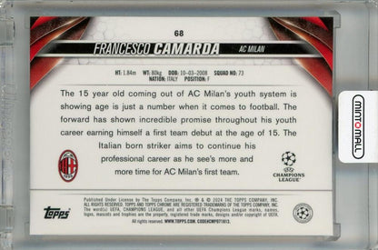 2023-24 Topps Chrome UEFA Club Competitions Francesco Camarda Base #68 RC AC Milan