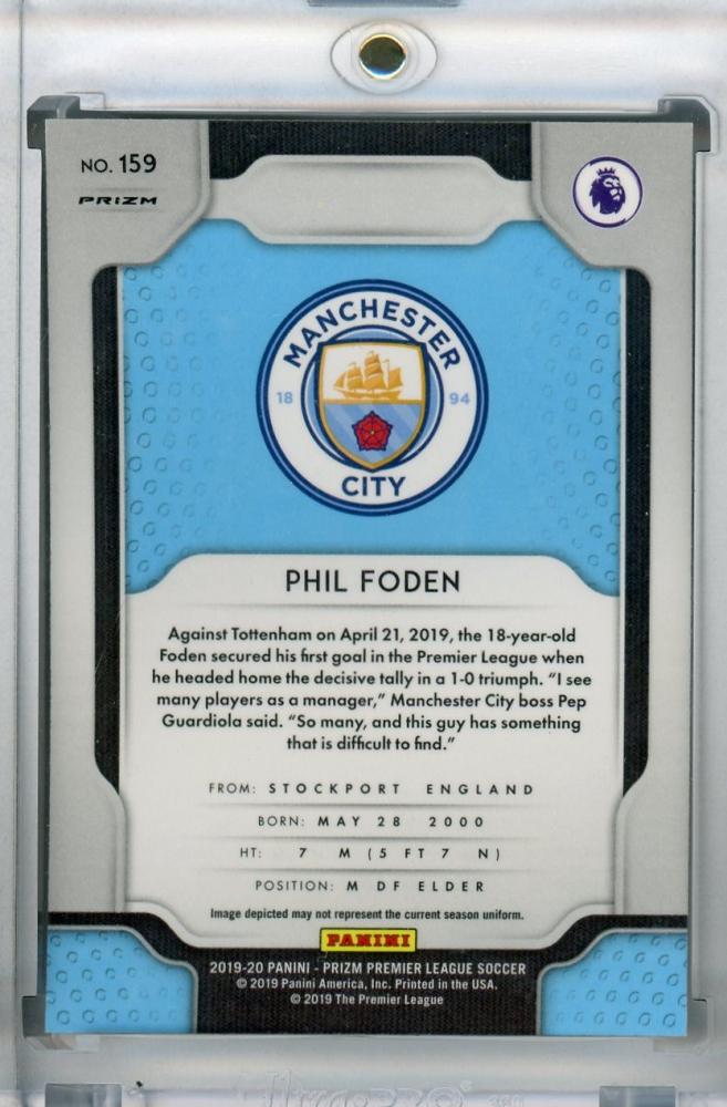 2019-20 Panini Prizm Premier League Manchester City Phil Foden Base Hyper trading card with minor stain on back