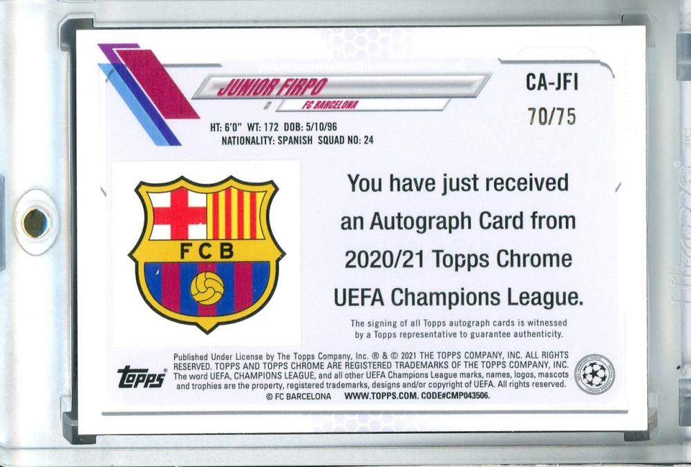 2020-21 Topps Chrome UEFA Champions League trading card of FC Barcelona player Junior Firpo with autograph
