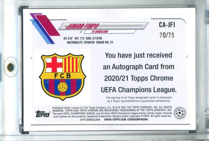 2020-21 Topps Chrome UEFA Champions League trading card of FC Barcelona player Junior Firpo with autograph