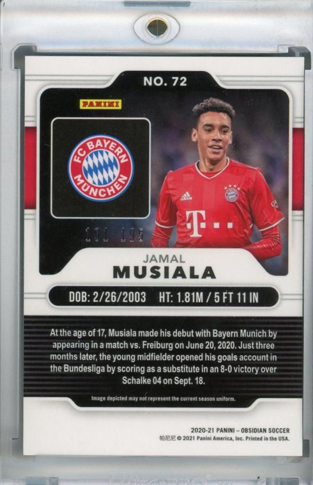 2020-21 Panini Obsidian FC Bayern Munich Jamal Musiala base trading card serial number 191 of 195
