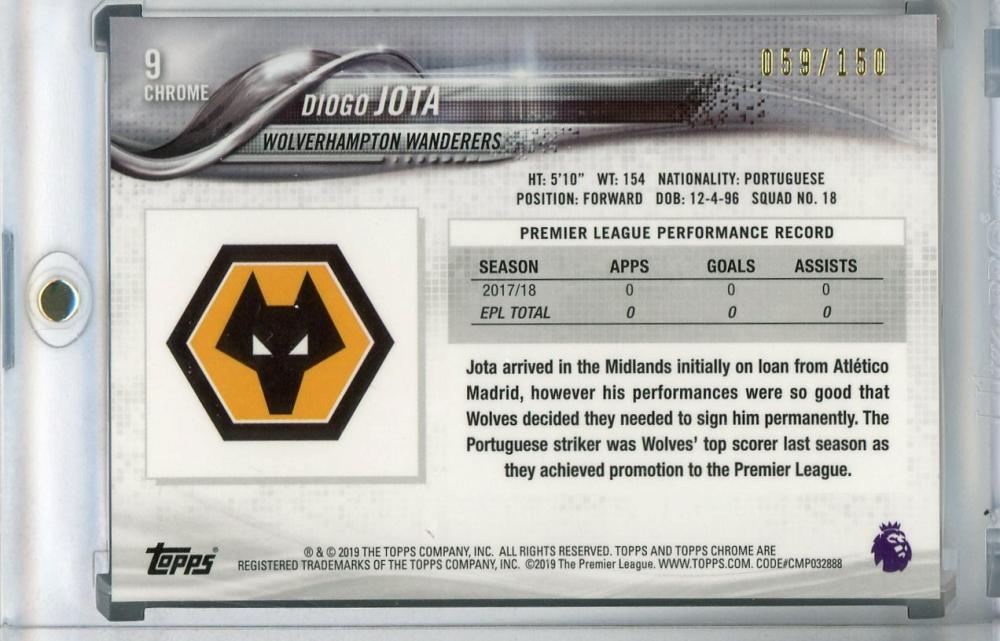 2018-19 Topps Chrome Premier League Wolverhampton Wanderers Diogo Jota Base Blue Parallel card 059 of 150