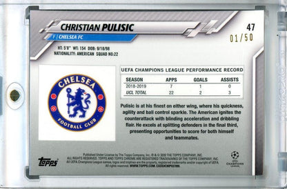 2019-20 Topps Chrome UEFA Champions League Chelsea FC Christian Pulisic Base Gold trading card serial 01/50