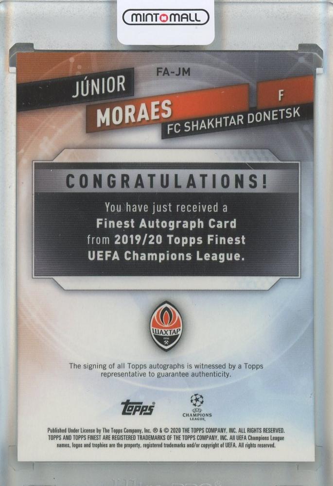 2020 Topps Finest UEFA Champions League Junior Moraes Autographs #FAJM FC Shakhtar Donetsk