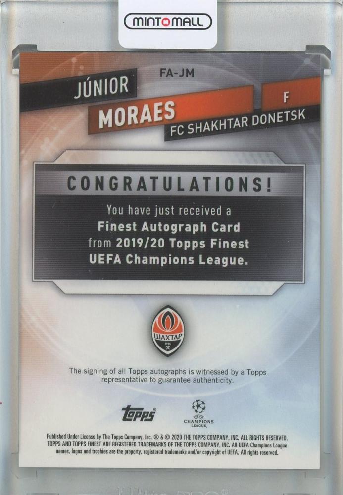 2020 Topps Finest UEFA Champions League Junior Moraes Autographs #FAJM FC Shakhtar Donetsk