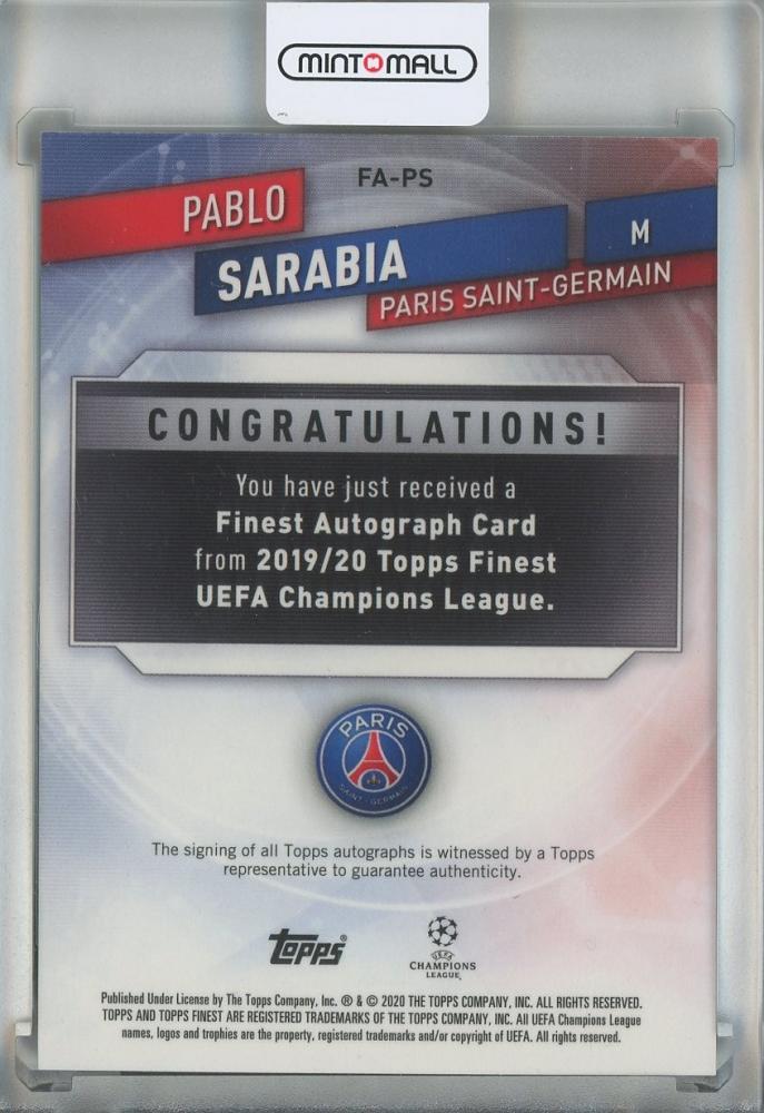 2020 Topps Finest UEFA Champions League Pablo Sarabia Autographs #FA-PS Paris Saint-Germain