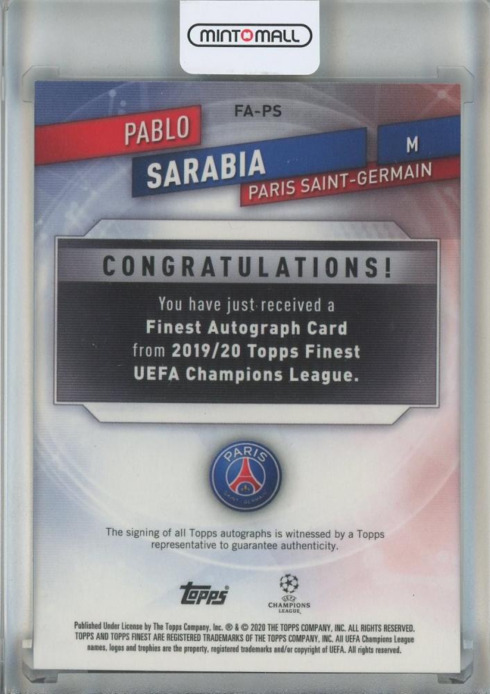 2020 Topps Finest UEFA Champions League Pablo Sarabia Autographs Blue111/150 Paris Saint-Germain