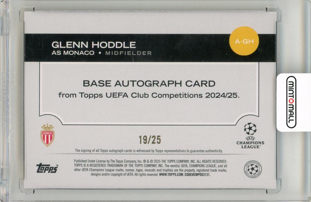 2024-25 Topps Chrome UEFA Club Competitions Glenn Hoddle Orange Autograph19/25 AS Monaco