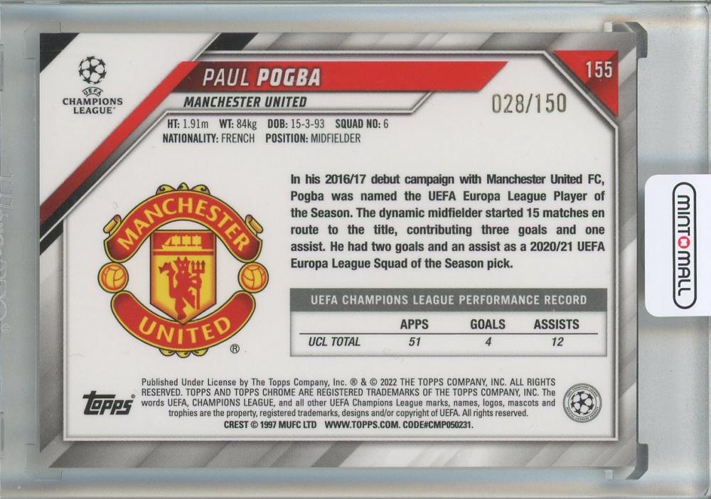 2021-22 Topps Chrome UEFA Champions League Paul Pogba Blue Refractors #155028/150 Manchester United