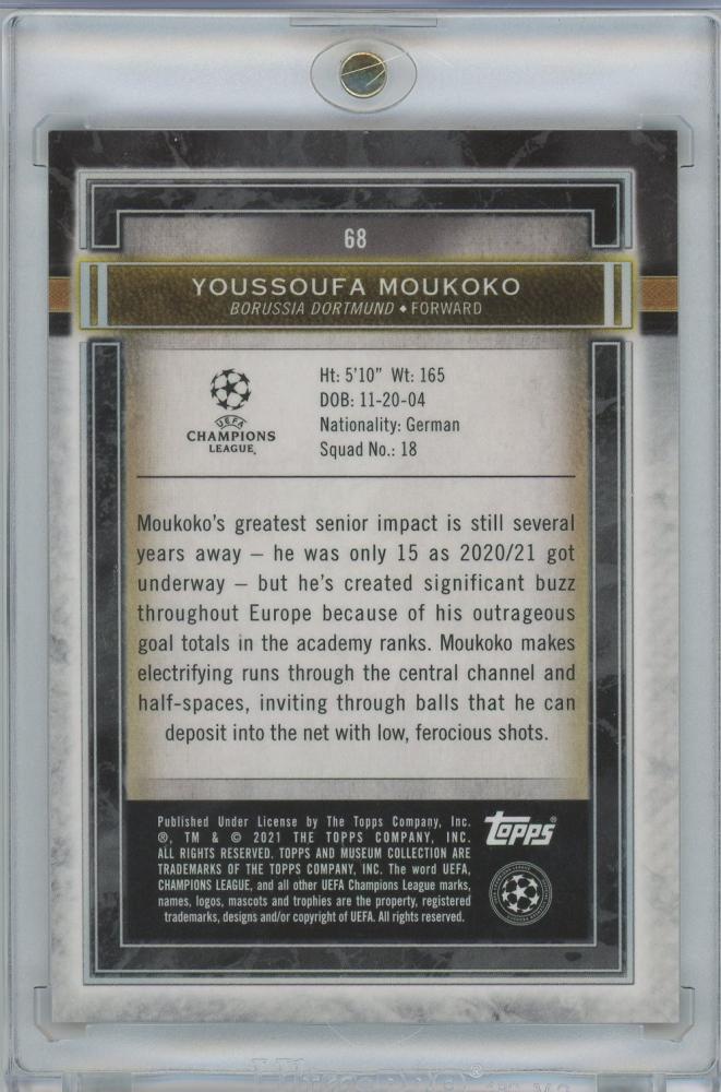 2020-21 Topps Museum Collection UEFA Champions League Gold Youssoufa Moukoko trading card serial 48 of 50