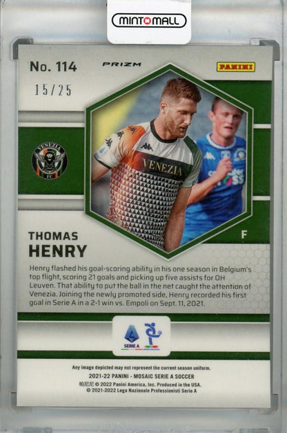 2021-22 Panini Mosaic Serie A Venezia FC Thomas Henry Base Pink RC parallel trading card numbered 15 of 25