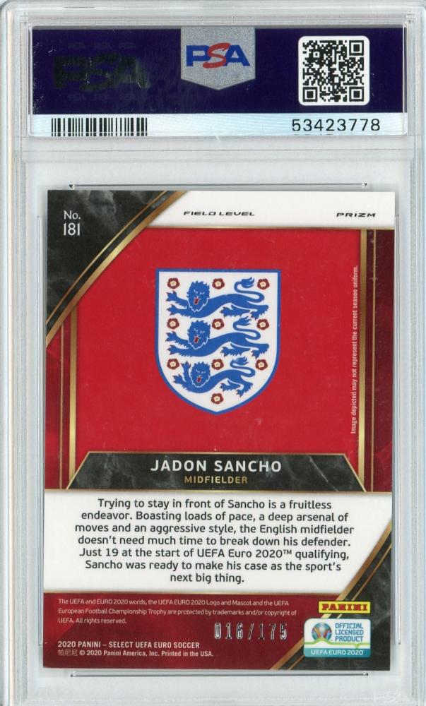 2020 Panini Select UEFA Euro Preview Jadon Sancho England Blue Base Nameplate Card PSA 10