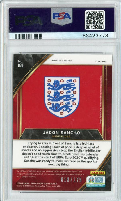 2020 Panini Select UEFA Euro Preview Jadon Sancho England Blue Base Nameplate Card PSA 10