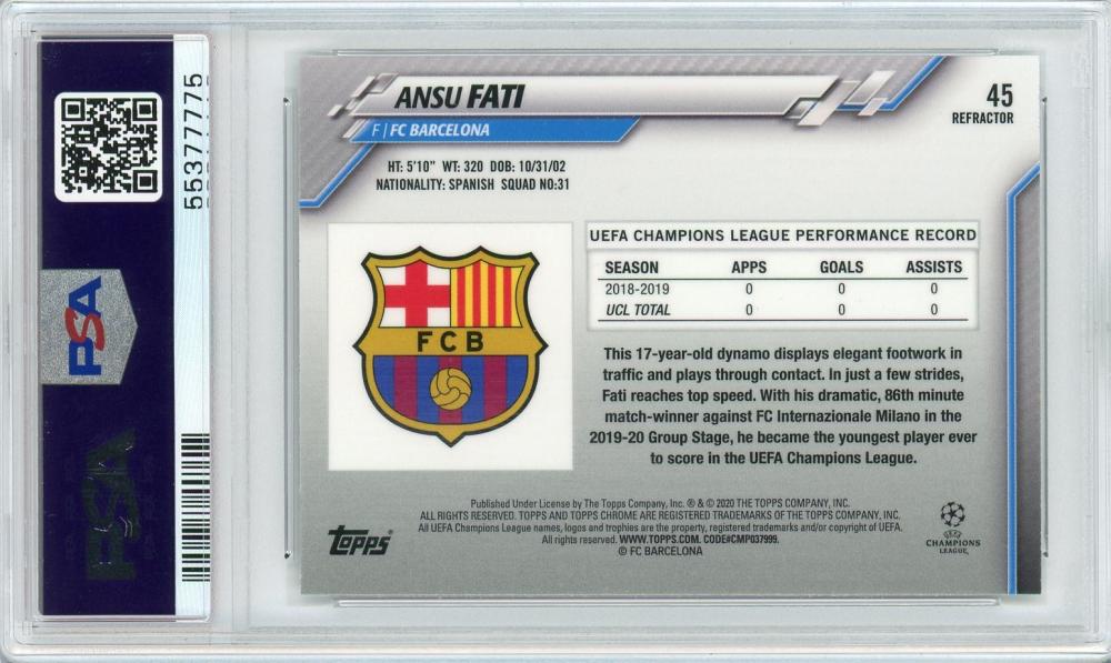 2019-20 Topps Chrome UEFA Champions League FC Barcelona Ansu Fati Base Refractor PSA 10 card