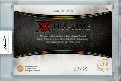 2021 Futera Unique Gabriel Jesus XTRA-TIME Training used memorabilia card numbered 27 of 29