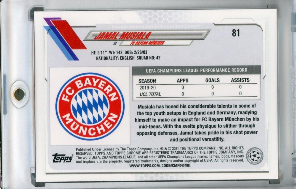 2020-21 Topps Chrome UEFA Champions League trading card featuring Jamal Musiala of FC Bayern Munchen