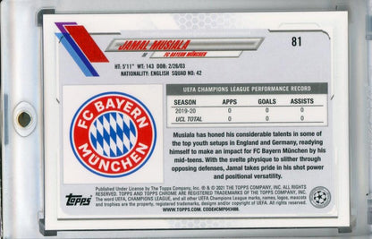 2020-21 Topps Chrome UEFA Champions League trading card featuring Jamal Musiala of FC Bayern Munchen