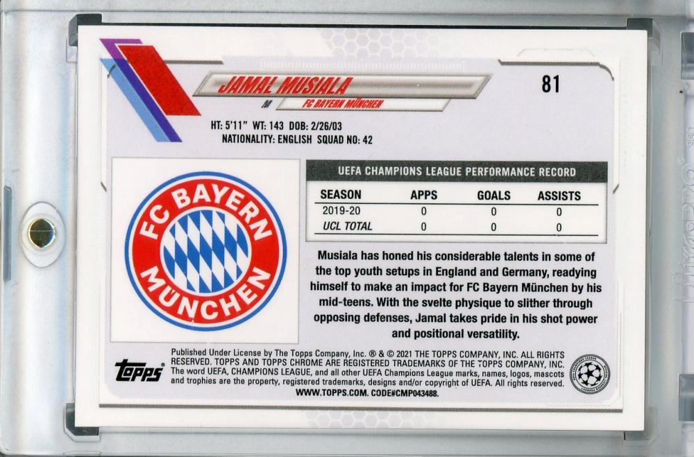 2020-21 Topps Chrome UEFA Champions League Jamal Musiala FC Bayern Munchen Speckle Refractor card