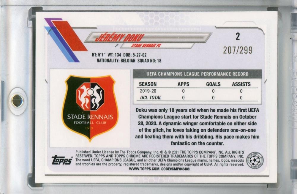2020-21 Topps Chrome UEFA Champions League trading card of Jeremy Doku Yellow Mini-Diamond parallel number 207 of 299