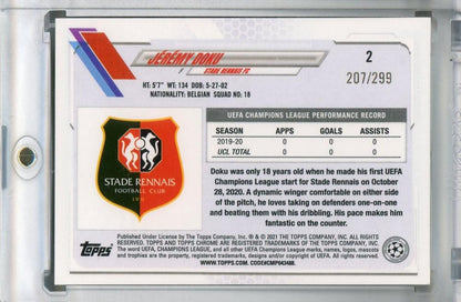 2020-21 Topps Chrome UEFA Champions League trading card of Jeremy Doku Yellow Mini-Diamond parallel number 207 of 299