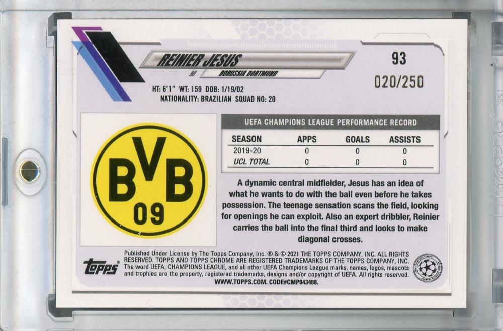 2020-21 Topps Chrome UEFA Champions League Borussia Dortmund Reinier Jesus Base Purple card 020 of 250