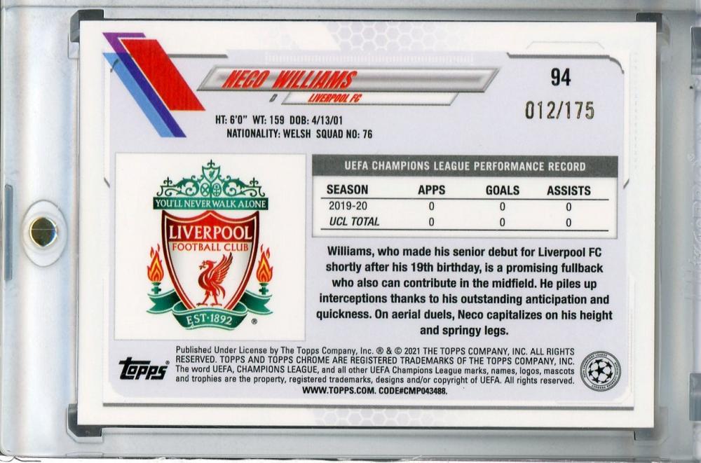 2020-21 Topps Chrome UEFA Champions League Liverpool FC Neco Williams Pink Parallel card number 012 of 175