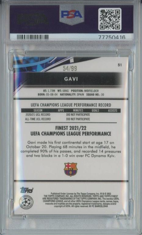 2021-22 Topps Finest UCL Gavi Blue/Aqua Vapor Wave Refractor #5154/99PSA9 FC Barcelona