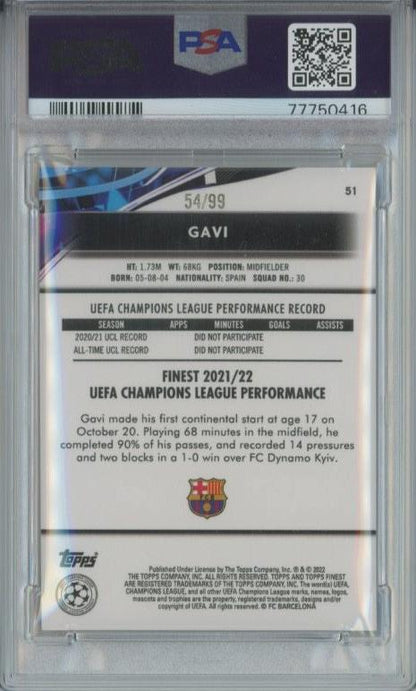 2021-22 Topps Finest UCL Gavi Blue/Aqua Vapor Wave Refractor #5154/99PSA9 FC Barcelona