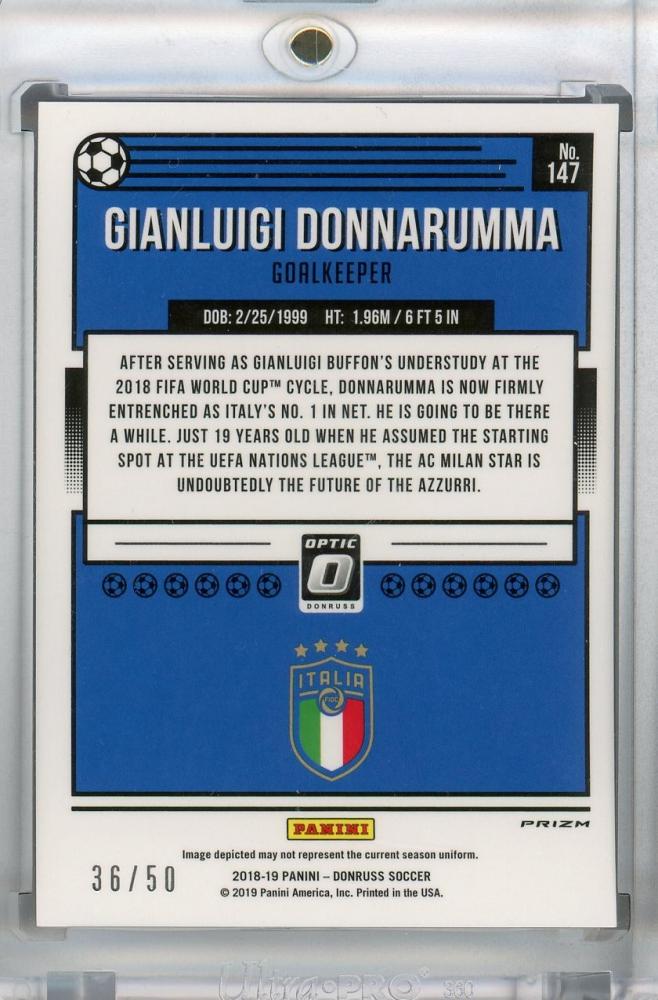 2018-19 Donruss Italy Gianluigi Donnarumma Base Optic Red Velocity parallel card numbered 36 of 50
