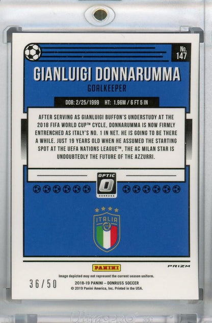 2018-19 Donruss Italy Gianluigi Donnarumma Base Optic Red Velocity parallel card numbered 36 of 50