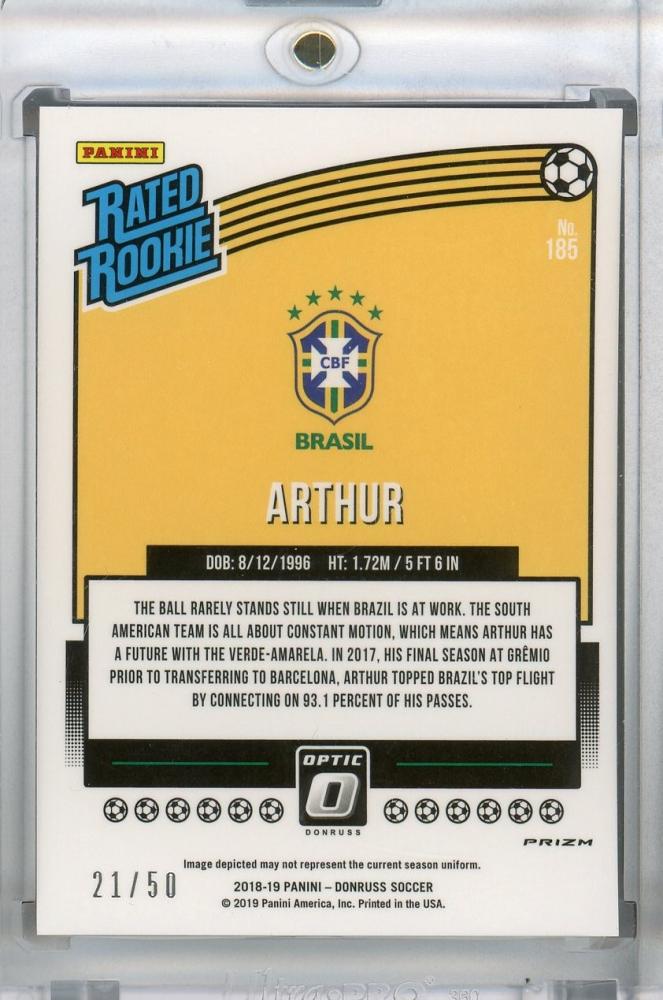 2018-19 Donruss Brazil Arthur Rated Rookie Base Optic Red Velocity parallel card serial number 21 of 50