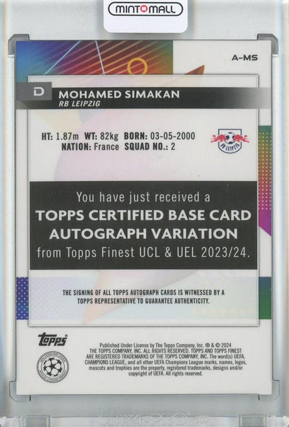 2023-24 Topps Finest UEFA Club Competitions Mohamed Simakan Base Autograph/Purple Shimmer/#A-MS150/199 RB Leipzig