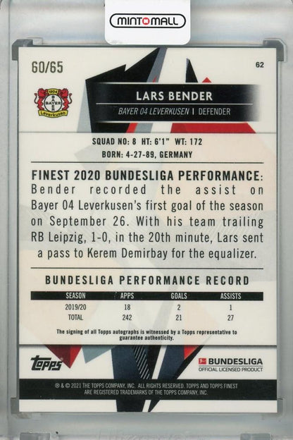 2020-21 Topps Finest Bundesliga Lars Bender Base Autograph Blue parallel card numbered 60 of 65