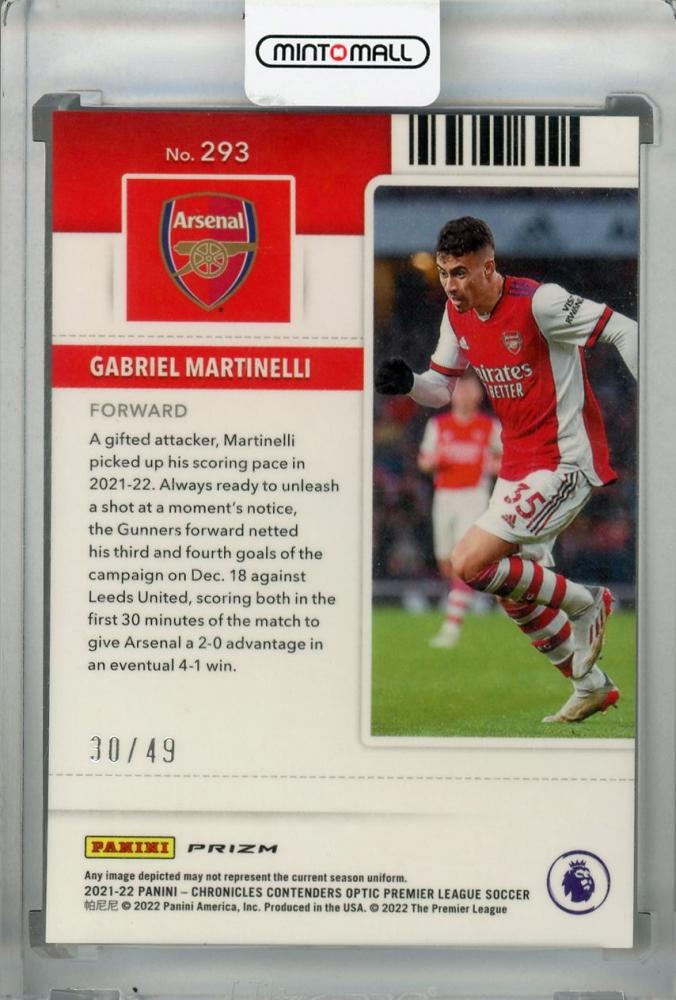 2021-22 Panini Chronicles Arsenal Gabriel Martinelli Blue Rookie Ticket parallel trading card number 30