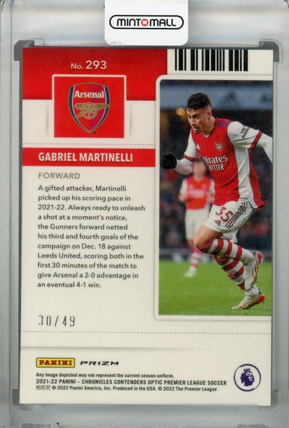 2021-22 Panini Chronicles Arsenal Gabriel Martinelli Blue Rookie Ticket parallel trading card number 30