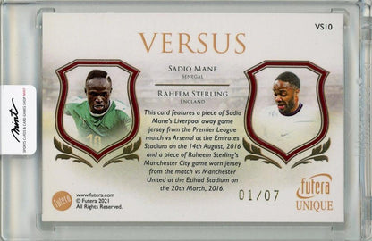 2021-22 FUTERA Unique Sadio Mane & Raheem Sterling Versus Duo Relic Ruby 7 Limited First Number 01/07