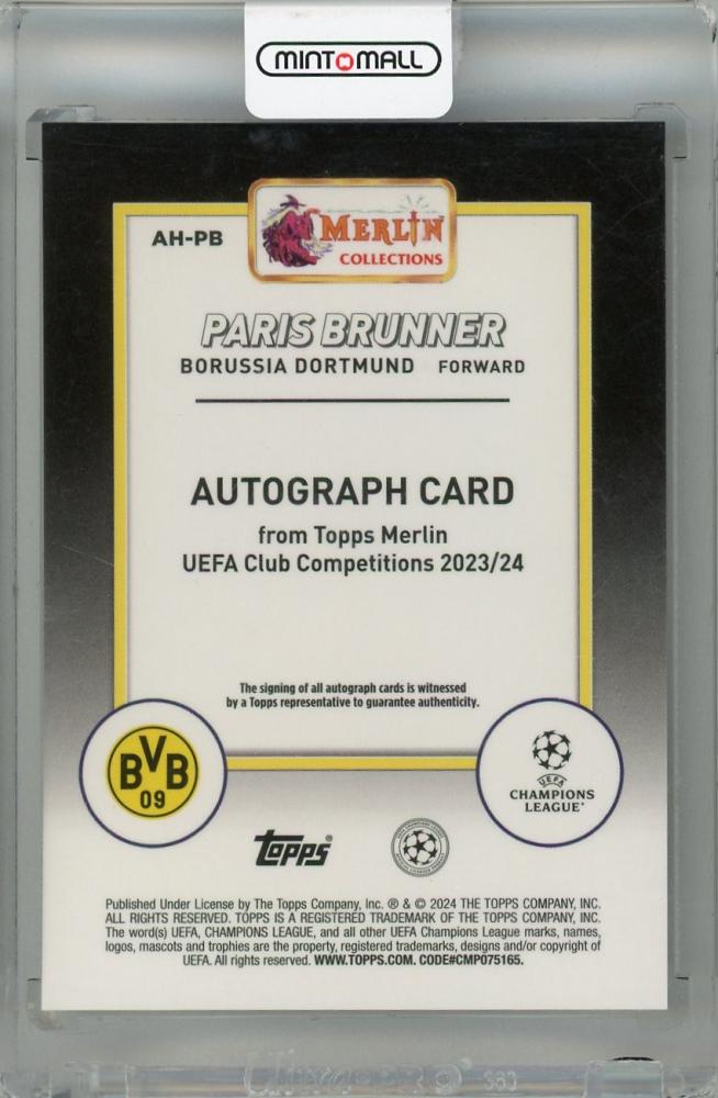 2023-24 Topps Merlin UEFA Club Competitions Paris Brunner Autographs Mojo Refractors #AHPB RC 11/99 Borussia Dortmund