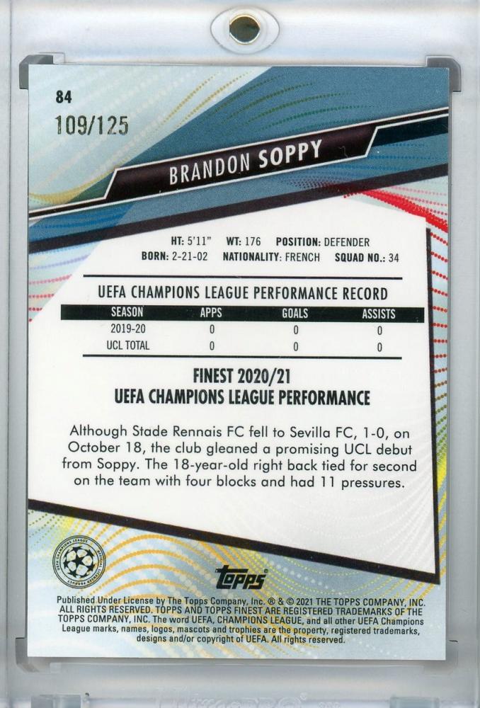 2020-21 Topps Finest UEFA Champions League Brandon Soppy base pink parallel card numbered 109 of 125