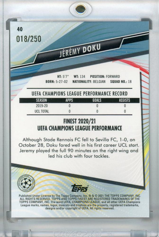 2020-21 Topps Finest UEFA Champions League Stade Rennais FC Jeremy Doku Base Purple parallel card 018 of 250