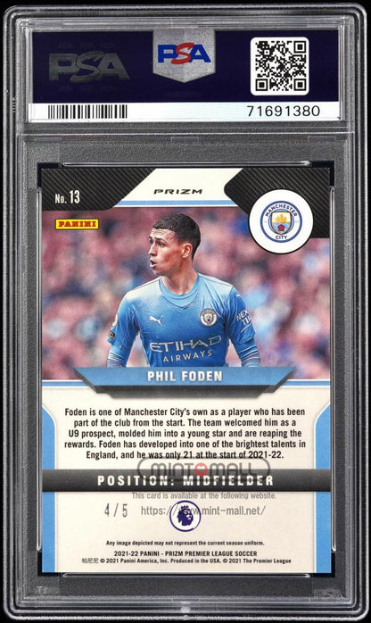 2021-22 Panini Prizm English Premier League #13 Phil Foden Prizms Green 4/5 PSA GEM MINT 10 Manchester City FC