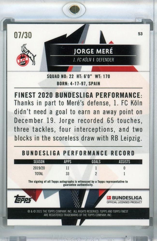 2020-21 Topps Finest Bundesliga Jorge Mere 1. FC KOLN autograph card Green Wave parallel serial 07/30