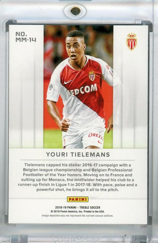 2018-19 Panini Treble AS Monaco Youri Tielemans Midfield Majesty Red Parallel card numbered 12 of 49