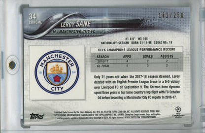 2017-18 Topps Chrome UEFA Champions League Leroy Sane Manchester City FC Purple parallel trading card 172 of 250