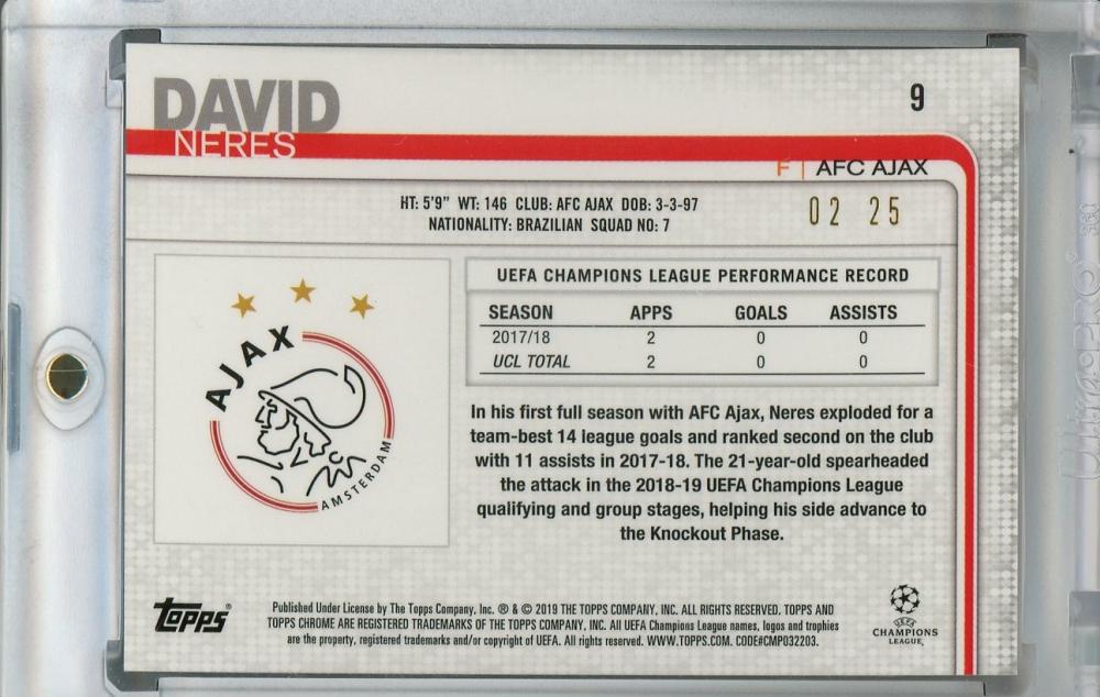 2018-19 Topps Chrome UEFA Champions League David Neres AFC Ajax Orange Parallel trading card 02/25 with minor stain on back